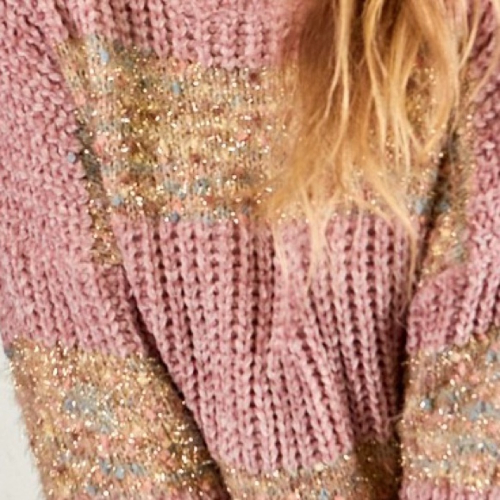 **Last One** Chenille Confetti Soft Knit Sweater, Pink & Gold Metallic Details - Picture 7 of 12